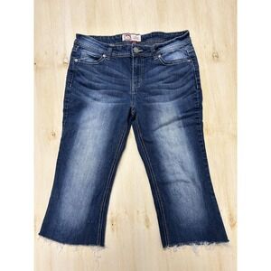 Lei Jeans Womens 13 Blue Mid Rise Relaxed Distressed Embroidered Fringe Capri